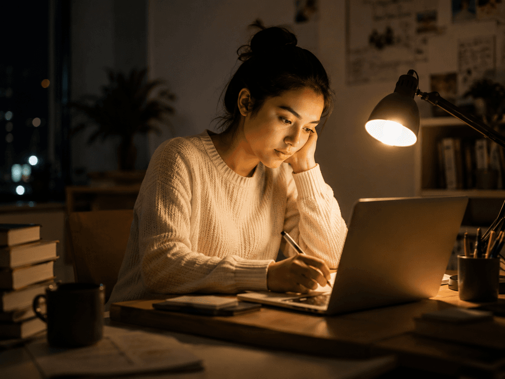 Student studying late at night